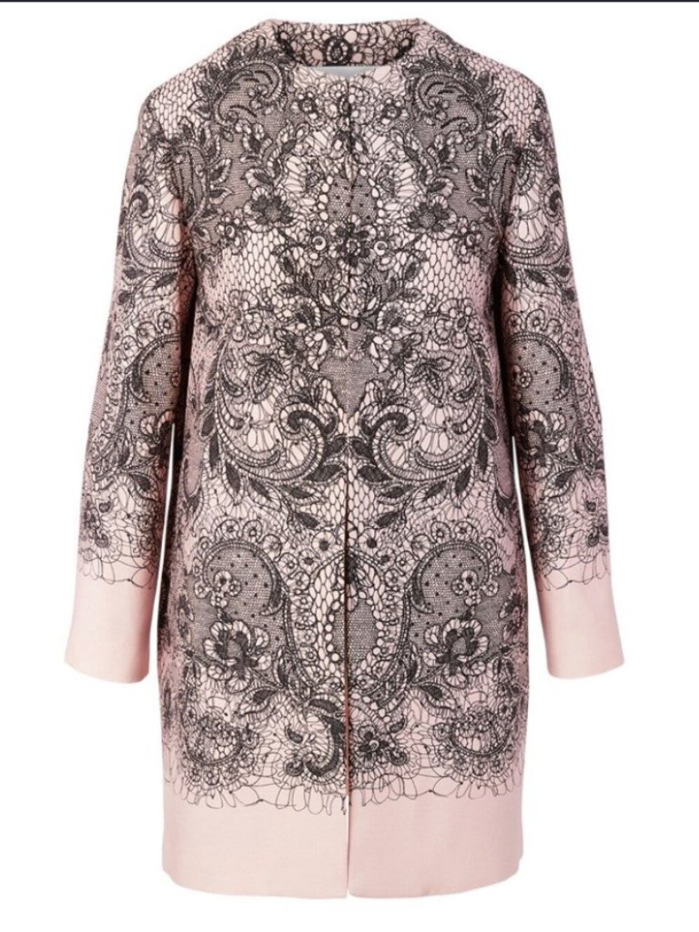 Valentino Lace-Print Wool Silk Coat Blush Pink Black IT 42 / US 6
